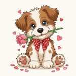 Valentine Puppy with Pink Rose Art Sticker#163
